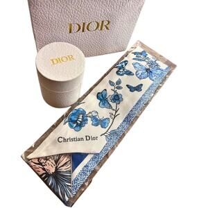 CDTW12: Christian Dior Silk Mitzah / Twilly Scarf – Blue Floral Butterfly Print